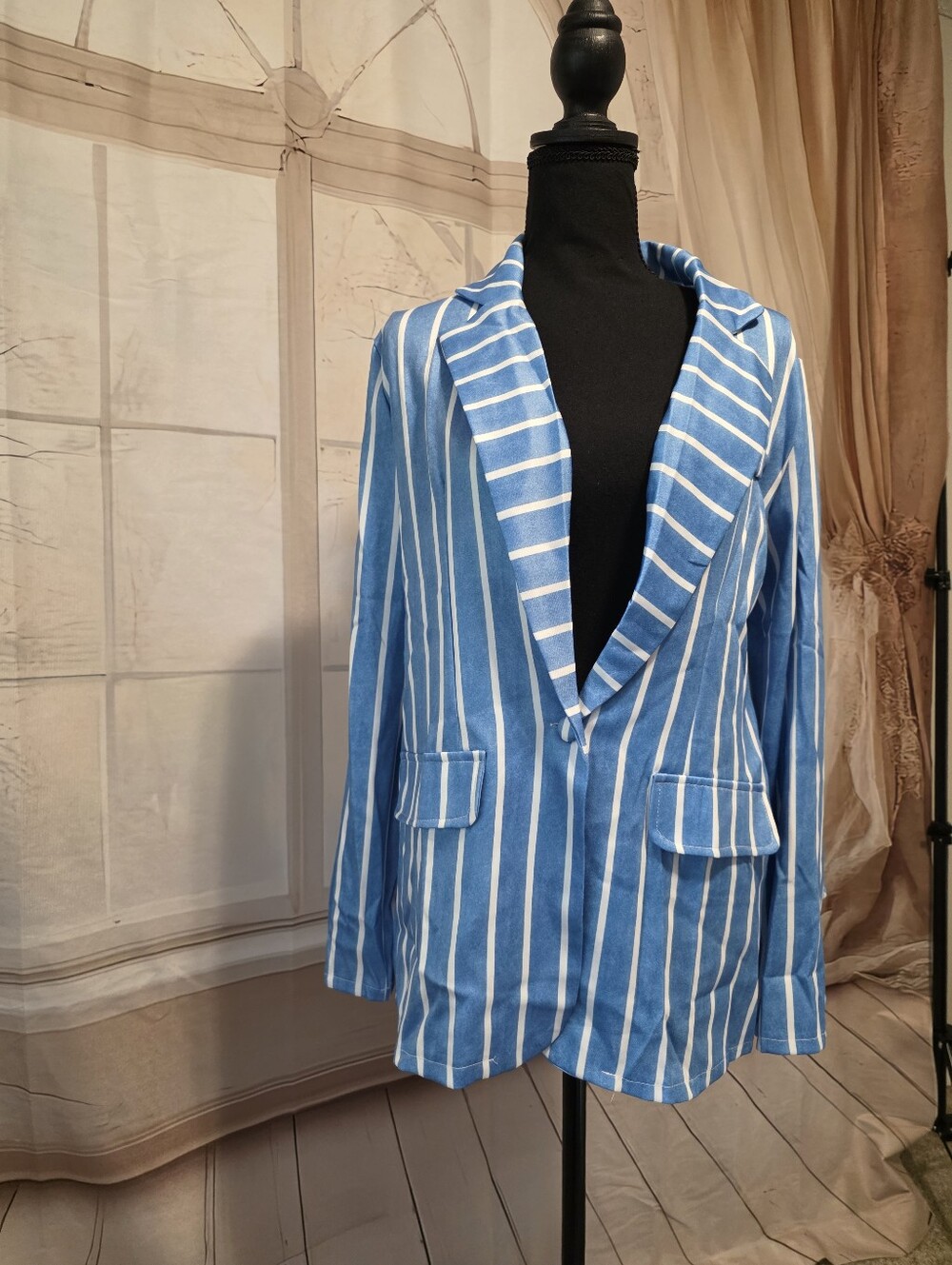 Blue & White Striped Notch-Lapel Blazer